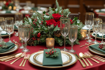 Fototapeta premium Elegant Christmas Dining Setup with Red Tablecloth, Gold Flatware, Green Napkins, and Candle Centerpiece Surrounded by Holly and Pinecones for Festive Celebration