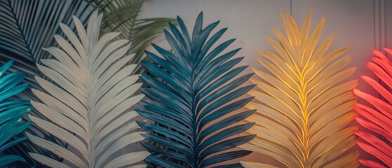 Fototapeta premium Vibrant Neon Palm Leaves Tropical Foliage Colorful Background
