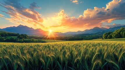gold wheat field at agriculture plantation farm in the morning sunrise	