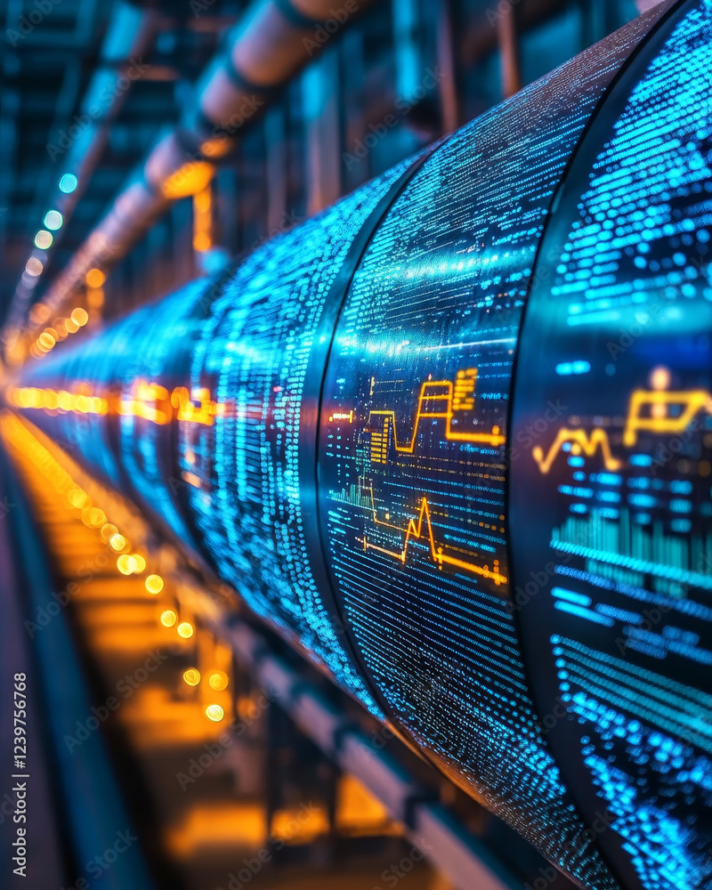 Poster high tech pipeline glowing with data patterns and blue lights