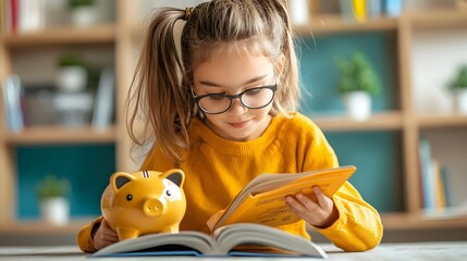 Young female student diligently learning about financial literacy budgeting and money management skills by studying a budgeting book and holding a piggy bank for future success and growth
