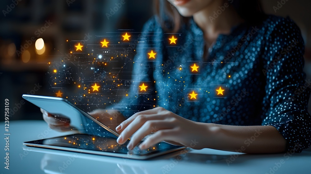 Poster Young woman sitting at desk in dark workspace using digital tablet with floating star rating icons around screen conceptual image of technology review and social media