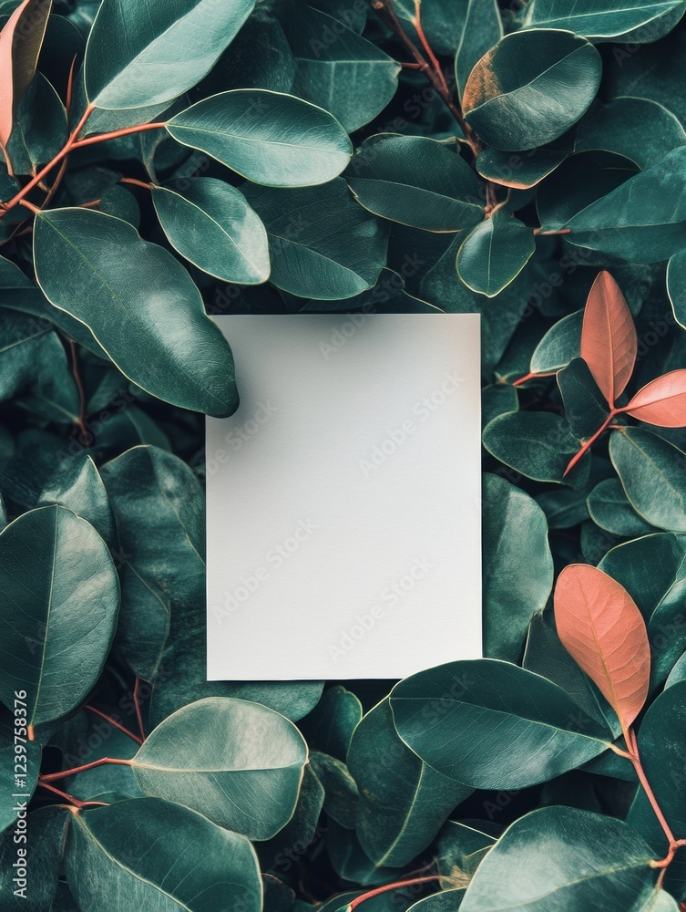 Poster blank paper surrounded by lush green leaves creating a natural and fresh backdrop ideal for design o