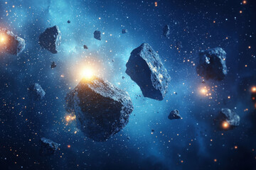 Obraz premium Floating asteroids illuminated by blue cosmic light in deep space