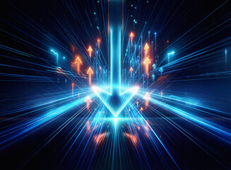 Fototapeta premium A mesmerizing double exposure of vibrant blue and orange arrows converging at a central point, creating a dynamic, futuristic energy flow. Light streaks radiate outwards, suggesting motion and speed.