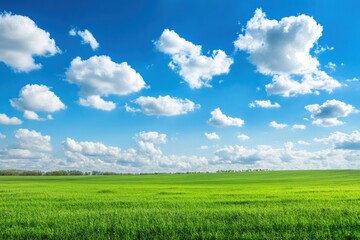 Obraz premium Vibrant green field under a clear blue sky with fluffy clouds on a sunny day in spring season. Generative AI
