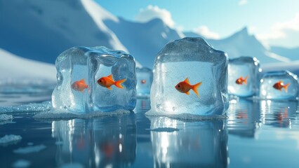 Goldfish frozen inside melting ice cubes on an icy landscape with mountains	
