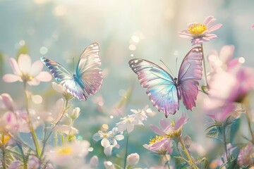 a magical spring garden alive with iridescent butterflies and blooming flowers in soft pastels