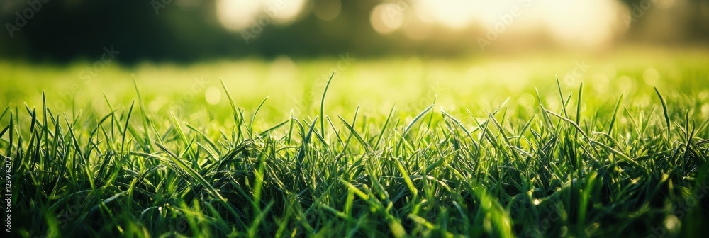 Poster lush green grass with sunlight filtering through trees in a serene outdoor setting during early morn