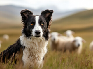 Fototapeta premium Border Collie herding sheep in a grassy field, with rolling hills in the background