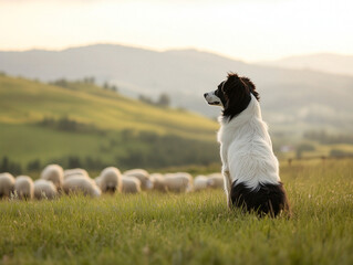 Border Collie herding sheep in a grassy field, with rolling hills in the background