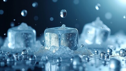 Stack of transparent ice cubes with water droplets splashing in the air	
