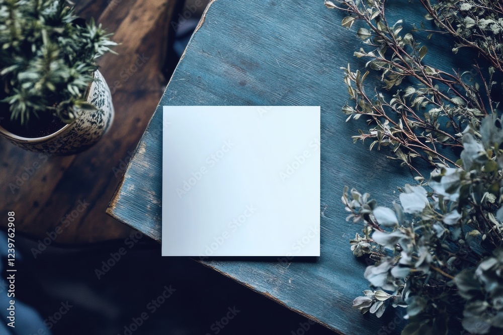 Aufkleber Blank square note with greenery in a rustic setting for creative projects and personal messages. Generative AI