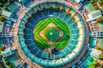 AI-generated:  Circular teal baseball field, dramatically depicted in a double exposure aerial view.
