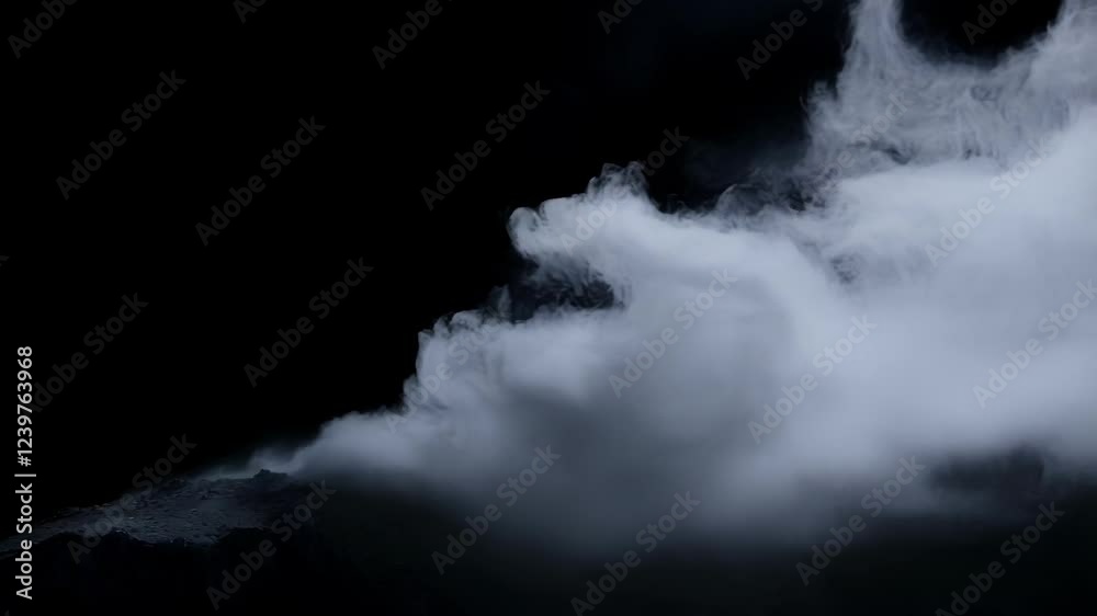Poster white smoke billowing and expanding dynamically across dark background, creating atmospheric visual 