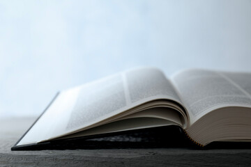Open Holy Bible in English language on wooden table, closeup. Space for text