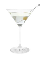 Martini cocktail with olive in glass isolated on white