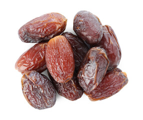 Many tasty dried dates isolated on white, top view