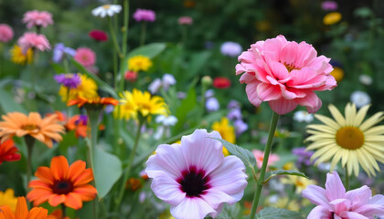 Fototapeta premium A breathtaking garden filled with vibrant, colorful flowers in full bloom, surrounded by lush greenery and towering trees. A winding stone path leads through the garden, with butterflies fluttering an