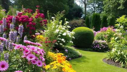 A breathtaking garden filled with vibrant, colorful flowers in full bloom, surrounded by lush greenery and towering trees. A winding stone path leads through the garden, with butterflies fluttering an