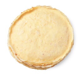 Stack of delicious crepes isolated on white, top view