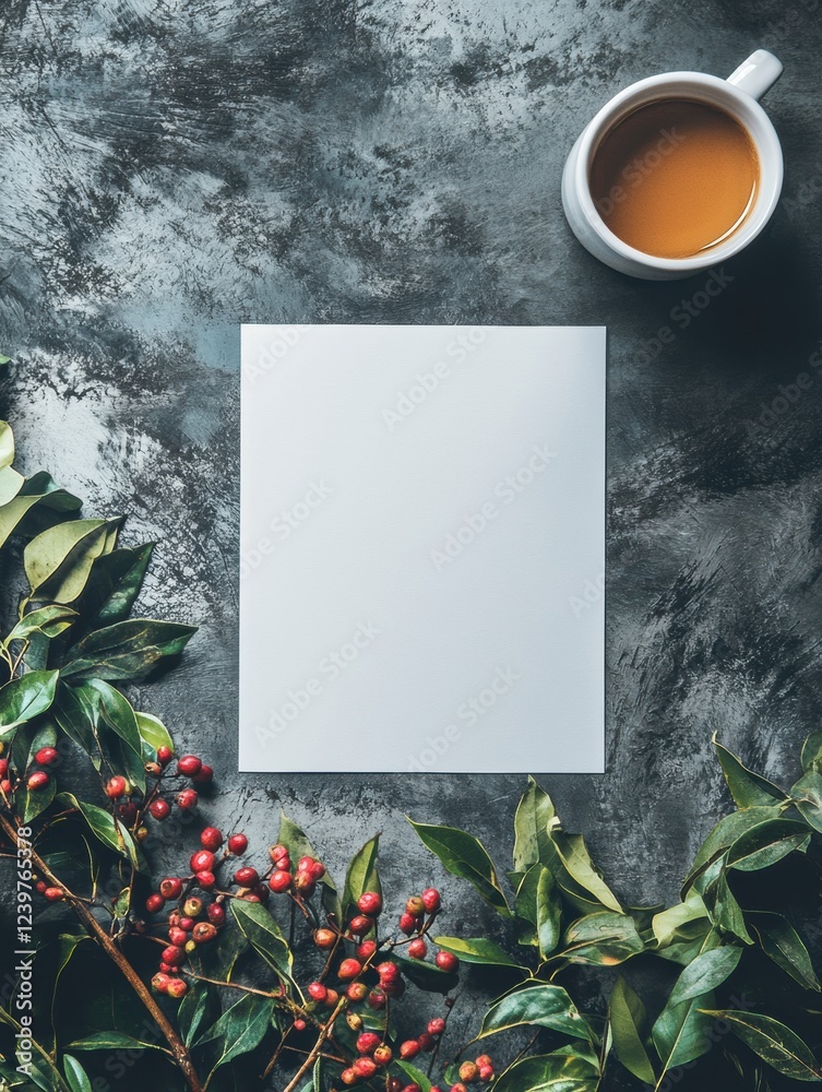 Leinwandbilder blank notepad surrounded by greenery and a cup of tea on a textured surface, suitable for writing or