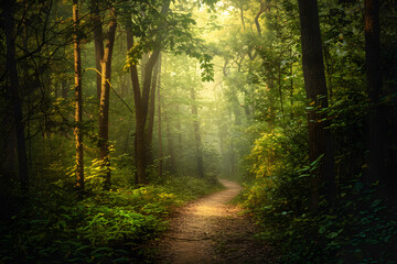 Obraz premium Tranquil Morning Walk Through a Serene Forest Pathway