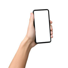 Man with modern smartphone on white background, closeup