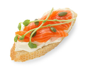 Delicious bruschetta with cream cheese and salmon isolated on white