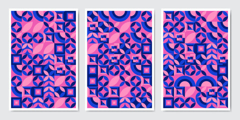 Color neo geo poster. Modern grid flyer with geometric shapes, geometry graphics and abstract background vector set. Geometry grid pattern banner vivid presentation illustration