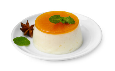 Tasty pudding with caramel sauce and mint isolated on white