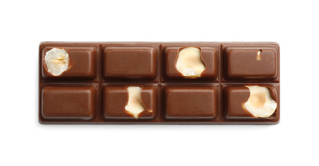 One tasty chocolate bar with nuts isolated on white, top view