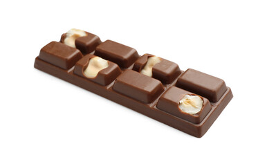 One tasty chocolate bar with nuts isolated on white