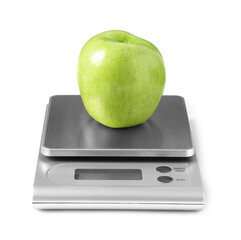 Modern electronic kitchen scale with apple isolated on white
