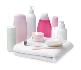 Baby cosmetic products and bath accessories isolated on white