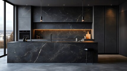 A black marble kitchen with a black countertop and black cabinets