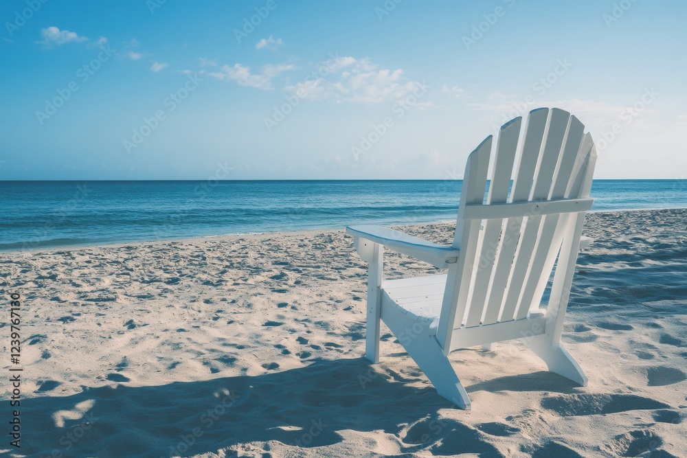 Poster relaxing empty chair on a sunlit beach with calm waves in the background during a peaceful morning. 