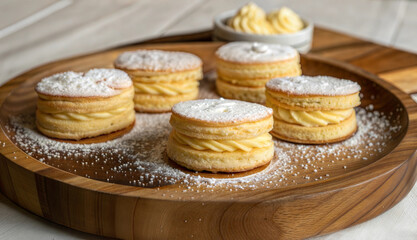 Cream-filled sandwich biscuits on wooden platter