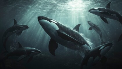 Fototapeta premium Orcas Gracefully Swimming Underwater In Sunlit Depths