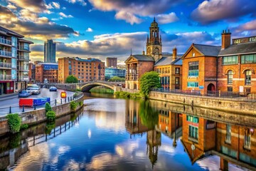 Naklejka premium Leeds Waterfront Cityscape with River Aire in Yorkshire, England