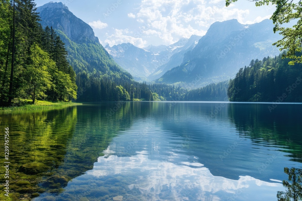 Aufkleber stunning mountain lake reflecting blue sky with lush green trees surrounding tranquil waters in a se