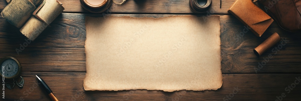 Aufkleber vintage workspace with blank parchment and stationery arranged on rustic wooden table. generative ai