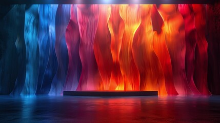 Vibrant Abstract Stage with Multicolored Illuminated Fabric Waves in Blues and Reds Creating a Dynamic and Captivating Visual Display
