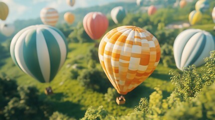 Fototapeta premium Colorful Hot Air Balloons Soaring Over Lush Green Landscape