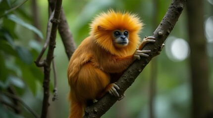 Golden Lion Tamarin Monkey in Lush Green Forest Habitat Wildlife Photography Stunning Orange Fur Adorable Primate Closeup