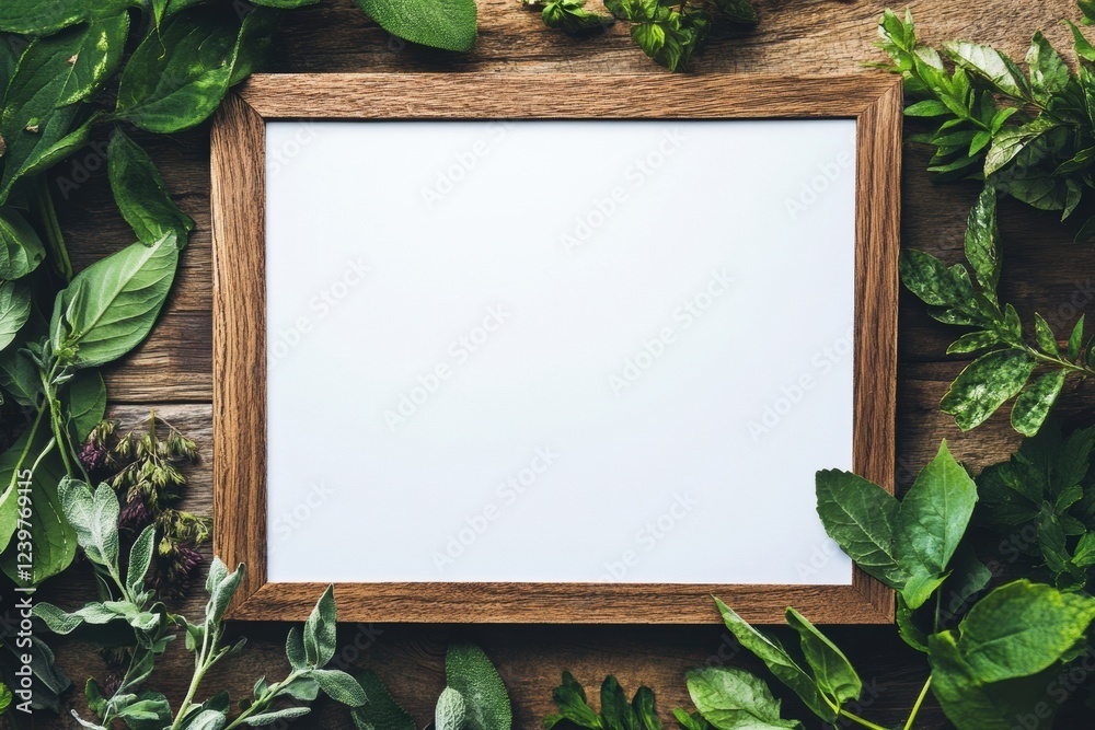 Aufkleber wooden frame surrounded by fresh herbs and greenery on rustic wooden surface for creative projects o