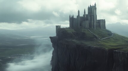Majestic Castle on a Clifftop, a breathtaking view of a fantasy castle perched dramatically on a cliff overlooking a misty valley.