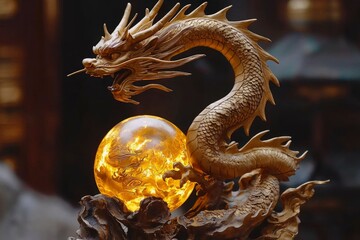 Obraz premium Golden Dragon Statue Clasping Illuminated Orb