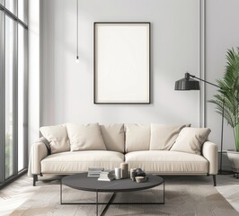 Modern living room interior with beige sofa. coffee table. and a large blank frame on the wall