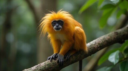 Fototapeta premium Adorable Golden Lion Tamarin Monkey in Lush Green Forest Habitat Wildlife Photography Stunning Vibrant Orange Fur Close Up View Nature Animal Portrait